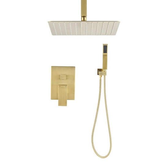 1-Handle 2-Spray Ceiling Mount 10 in. Shower Head with Hand Shower Faucet in Brushed Gold(Valve Included)