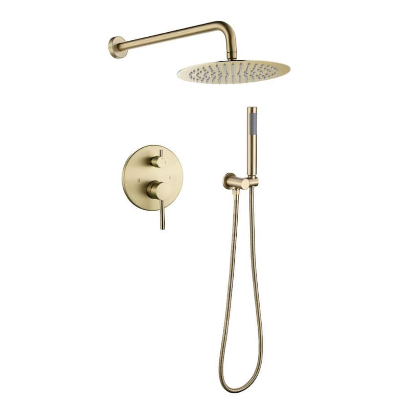 1-Handle 2-Spray Rain Shower Faucet and Hand Shower Combo Kit in Brushed Gold (Valve Included)