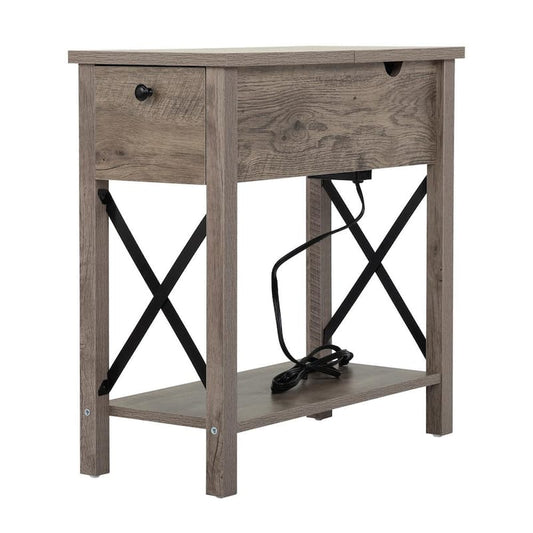 1-Drawer Gray X-Shaped Profile Narrow Farmhouse Flip Top Nightstand Charge Station (24 in. H x 11 in. W x 23.5 in. D)