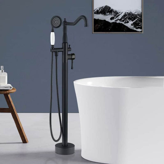 1-Handle Freestanding Floor Mount Tub Faucet Bathtub Filler with Hand Shower in Matte Black