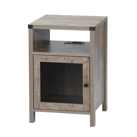 1-Drawer Rustic Gray Farmhouse Metal Mesh Door Nightstand USB Ports & Charging Station (15.75 D x 15.75 W x 23.75 H) in.